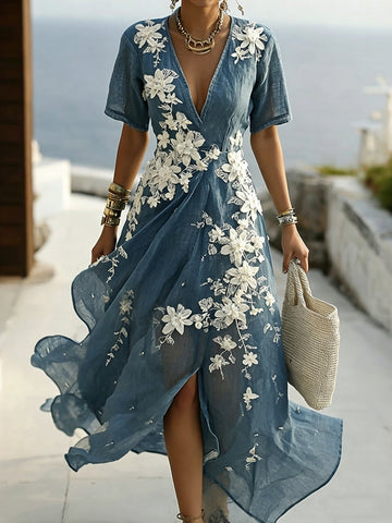Women's Vintage Floral Art Casual V Neck Linen Maxi Dress