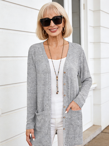 Autumn and Winter Solid Color Loose Long-sleeved Pocket Cardigan Jacket Women's Clothing