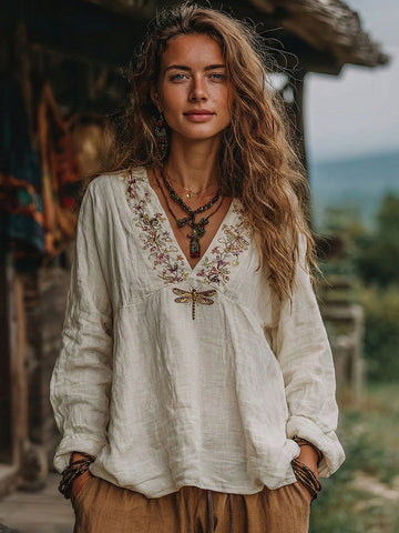 Women's Vacation Boho Floral With Dragonfly Print V-neck Linen Blend Tops