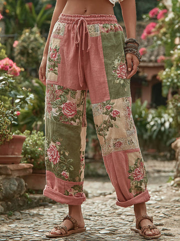 Vintage Retro Rose And Floral Patchwork Art Linen Pants