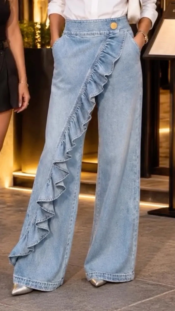 Light Wash Ruffle Wrap Wide Leg Jeans