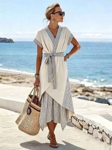 WOMEN'S CASUAL CONTRASTING STRIPED HALF SKIRT DRESS TWO-PIECE SET