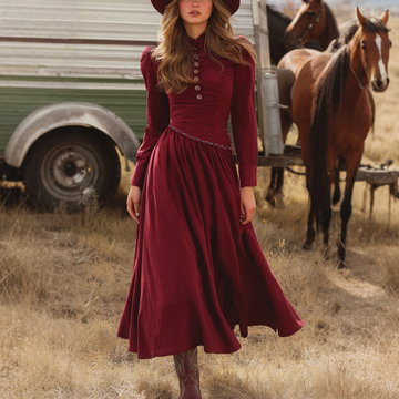 Women's Retro Western Style Mid-Neck Long Sleeve Maxi Dress