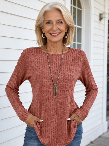 Knitted Crew Neck Pit Strip Top Long Sleeve Loose T-shirt