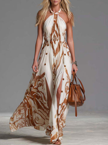 Vintage Bohemia Halter Neck Brown Western Print Off White Chiffon Split Maxi Dress