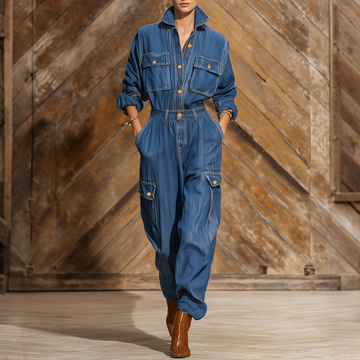 Vintage Street Style Lapel Multi-pocket Workwear Denim Jumpsuit