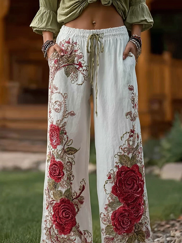 Retro Red Rose Pattern Casual Cotton And Linen Long Pants