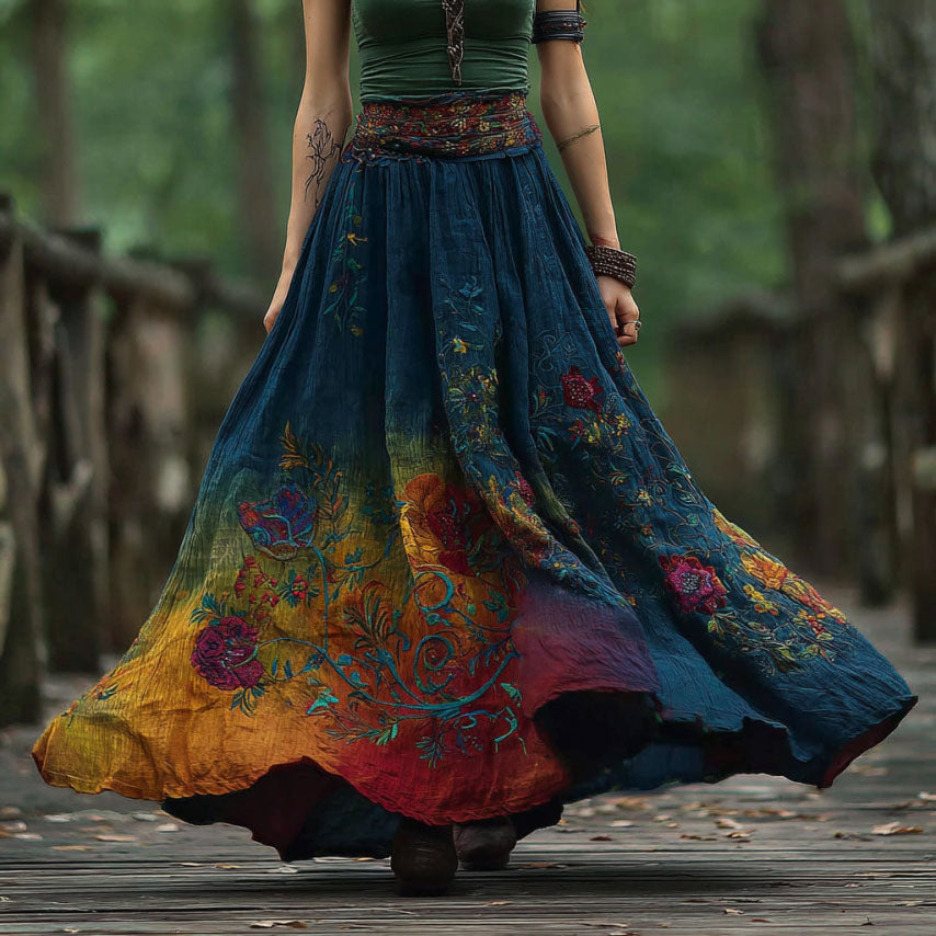 Women's Retro Boho Floral Embroidery Gradient Art Linen Blend Casual Midi Skirt