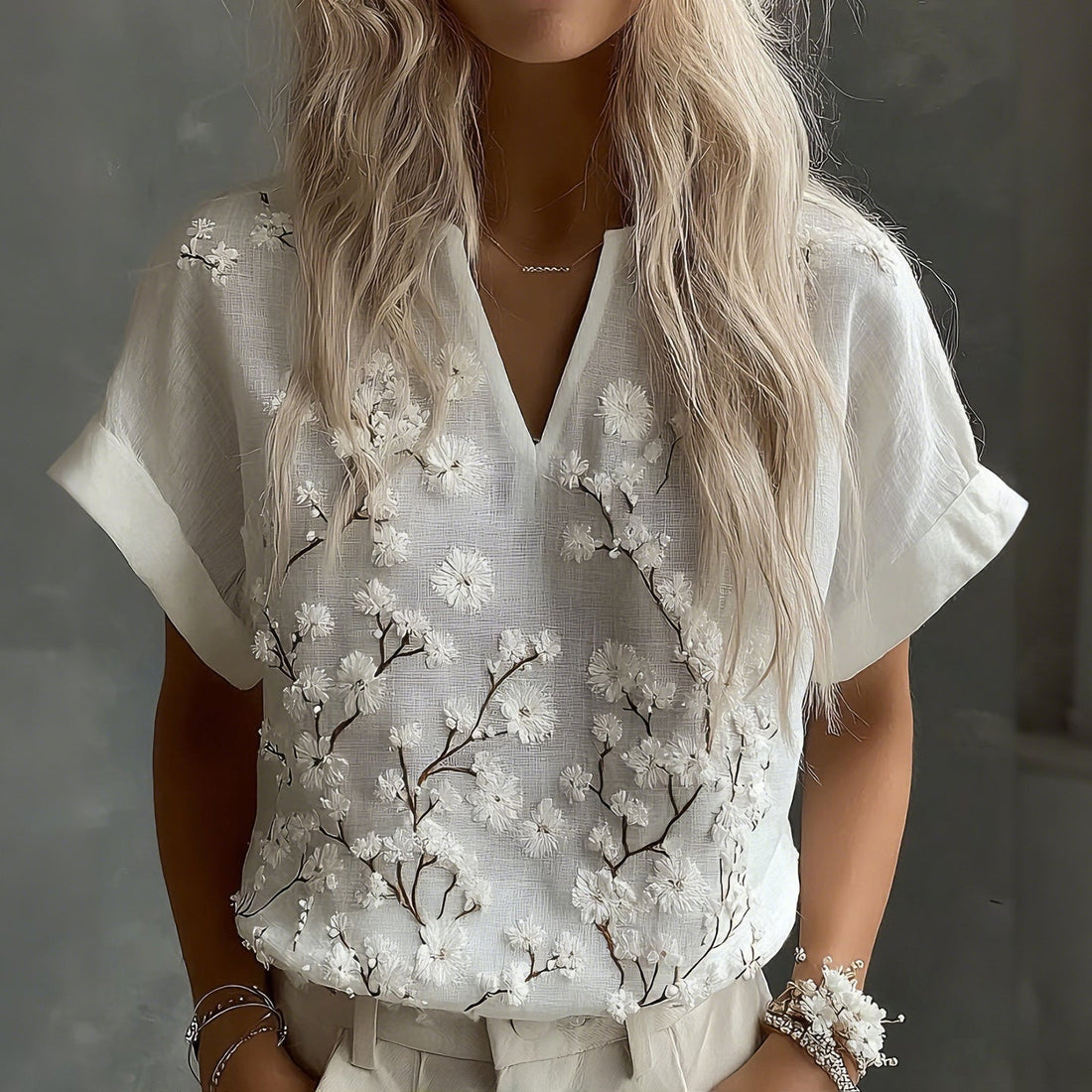 Women's Vintage Floral Embroidery Art V-neck Linen Blend Short Sleeve Top