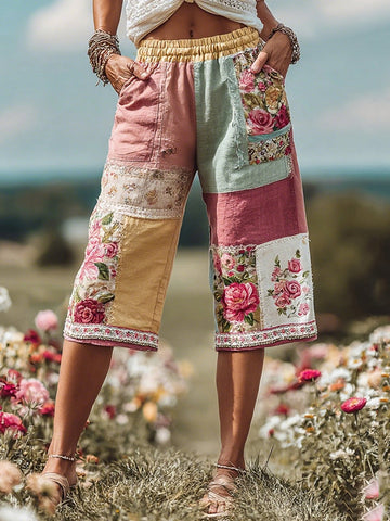 Women's Patchwork Rose Floral Contrast Waist Elastic Pocket Shorts