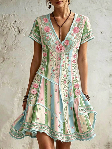 Women's Retro Rose Floral Embroidery Pattern Short Sleeve Linen Dress