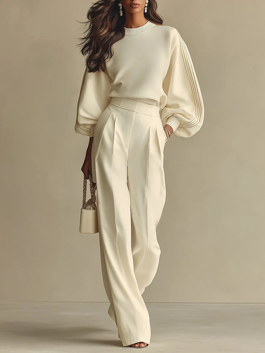 Women's Off-white Lightweight Woven Wide Leg Pants with High Waist & Loose Fit, Sophisticated Office Chic Trousers MDZ0856A8I