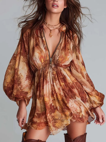 Floral Chiffon Zip-Front Mini Dress