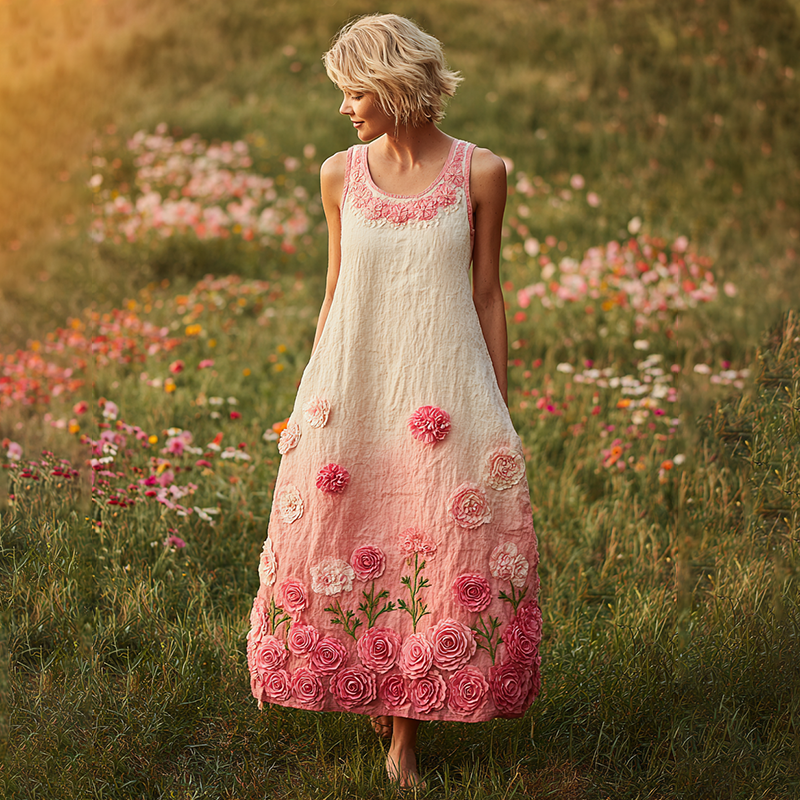 Cozy Pink Floral Embroidered Gradient Linen Tank Maxi Dress