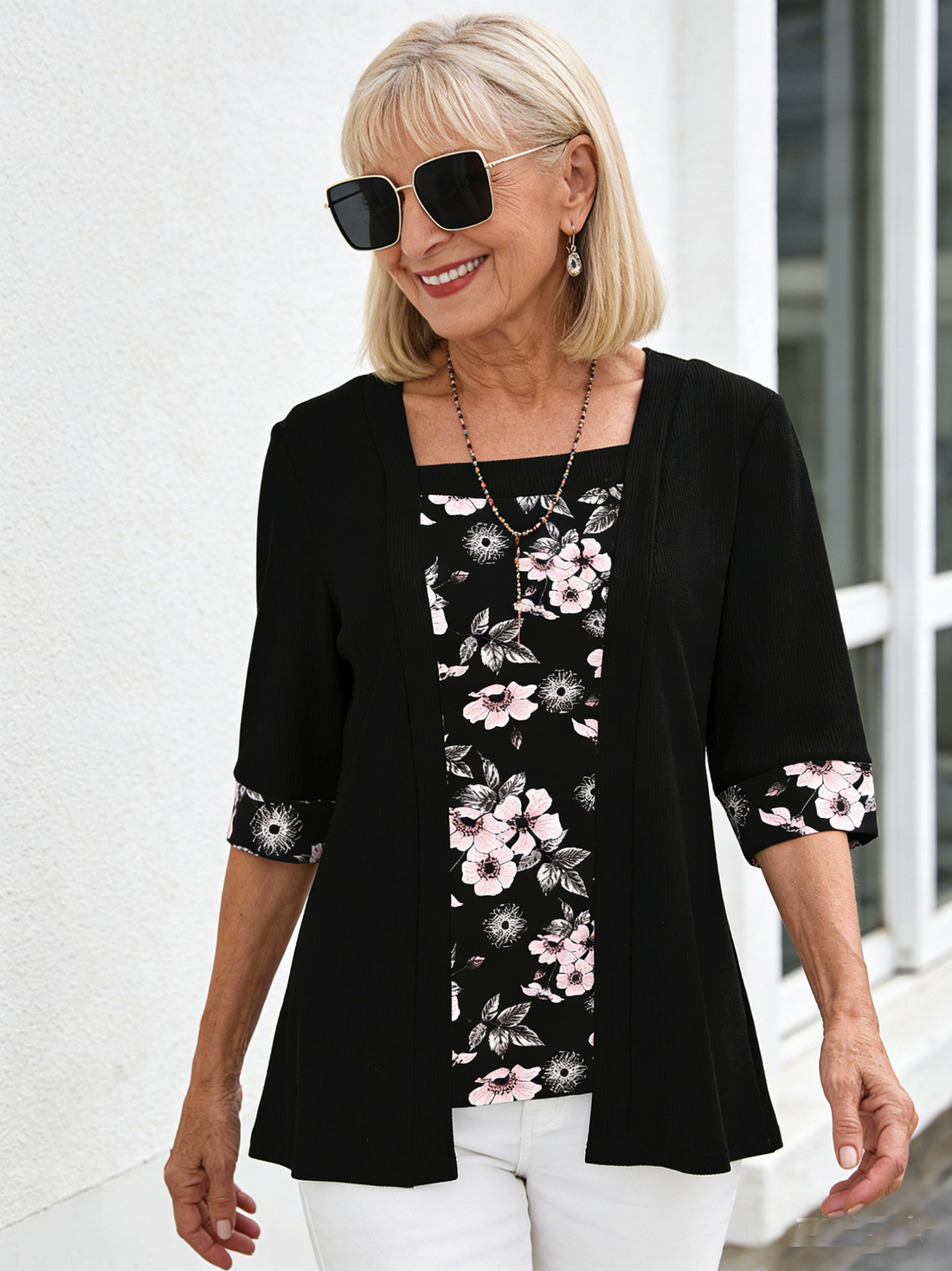 Fake Two-piece Five-quarter-sleeved Printed Women's Top T-shirt