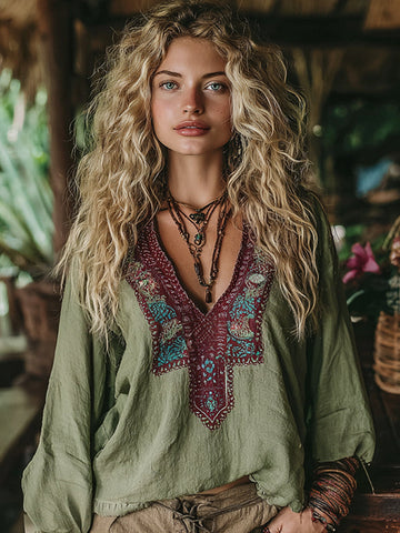Women's Vacation Boho Tribal Ethnic Print V-neck Linen Blend Tops