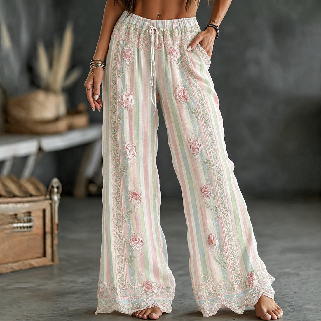 Women's Vintage Floral Vine Art Embroidery Patchwork Cotton Linen Pants