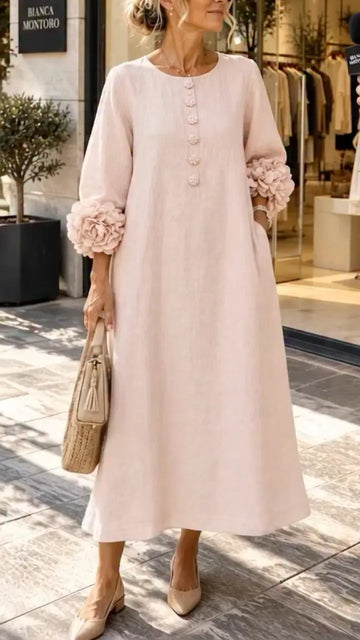 Pink Linen Midi Dress With 3D Floral Cuffs