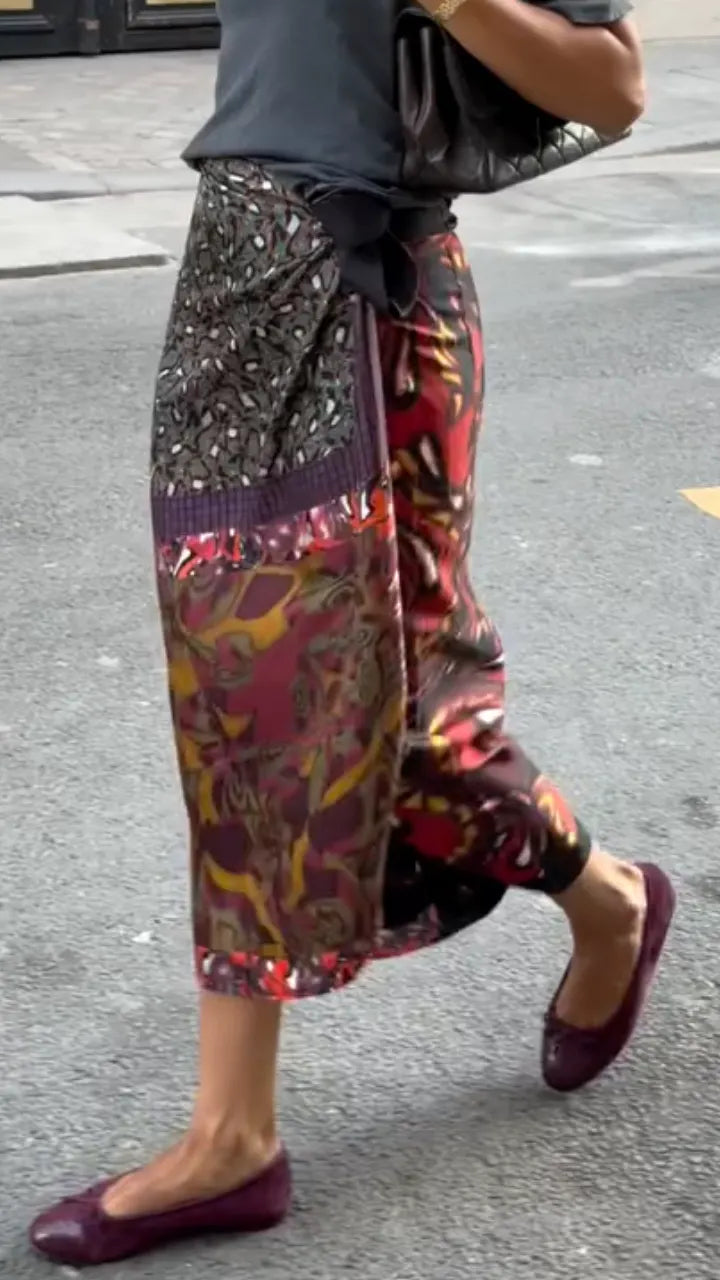 Patchwork Print Wrap Midi Skirt