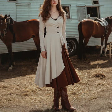 Women's Retro Western Style Contrast Color Stitching V-Neck Long Sleeve Dress
