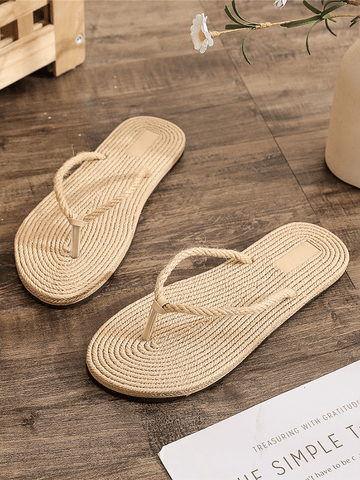 Women'S Straw Flip Flops Flat Beach Flip Flops