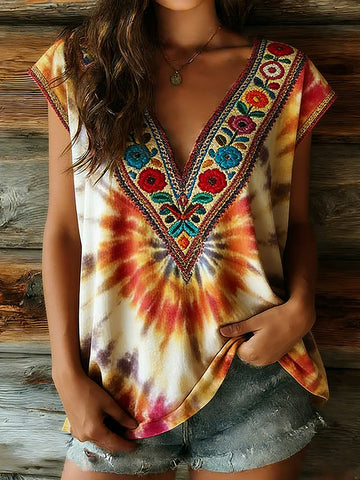 Women's Retro Ethnic Tie-dye Floral Pattern V-neck Vest