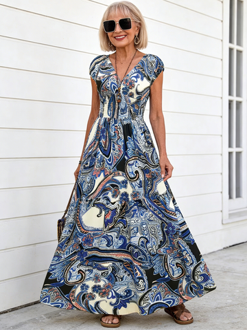 Paisley Print Dress Women's Summer Fashion Elegant Short-sleeved V-neck Dress Long Dress