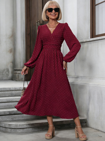 Medium Hairball Diagonal Neck Lantern Sleeve Pleated Waist Dress