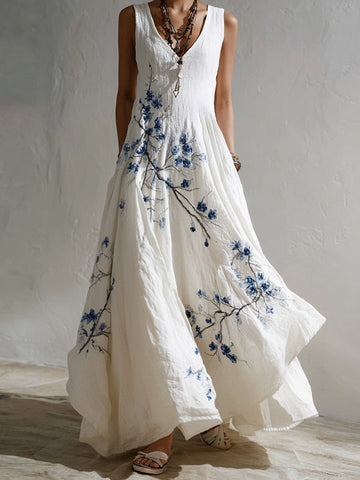 Women's Retro Japanese Plum Blossom Embroidery Comfortable V-neck Linen Long Dress