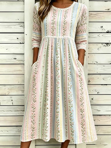 Women's Floral Art Embroidered Linen Blend Striped Round Neck Mid Sleeve Dress
