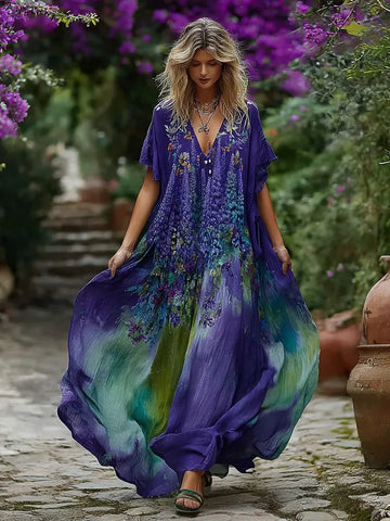 Women's Vintage Lupine Gradient Pattern V-neck Dress