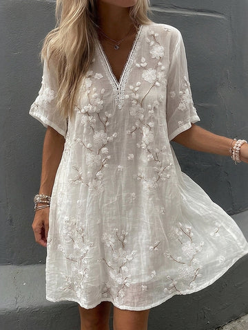 Women's Vintage Floral Print V-neck Short-sleeve Linen Dress