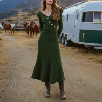 Women's Retro Western Style Vertical Striped Slim V-Neck Dress