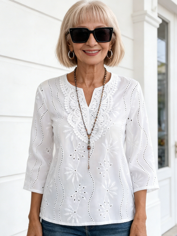 Loose V-neck Temperament Commuter Embroidered Flared Sleeve Lace Top Chiffon Shirt