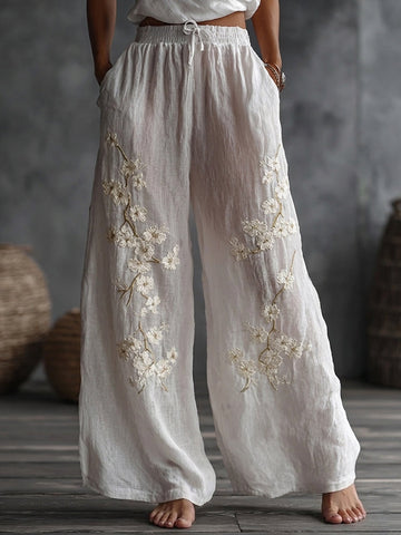 Japanese Floral Embroidered Pattern Linen Pants