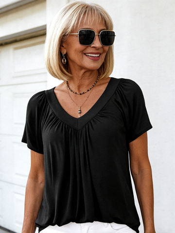 V-neck Shoulder Sleeve Pleated Casual Daily Home T-shirt