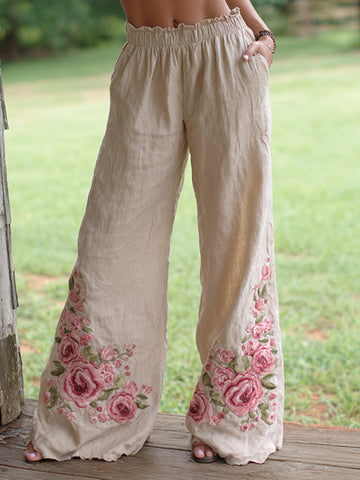 Women's Retro Bohemian Style Pink Rose Art Casual Linen Pants