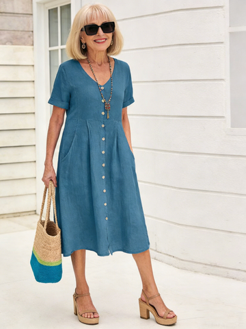 Solid Color Loose High Waist Cotton and Linen Dress