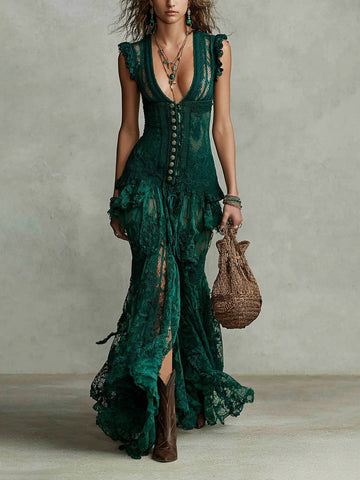 Lace Maxi Dress With Deep V-Neck And Ruffled Hem For Women