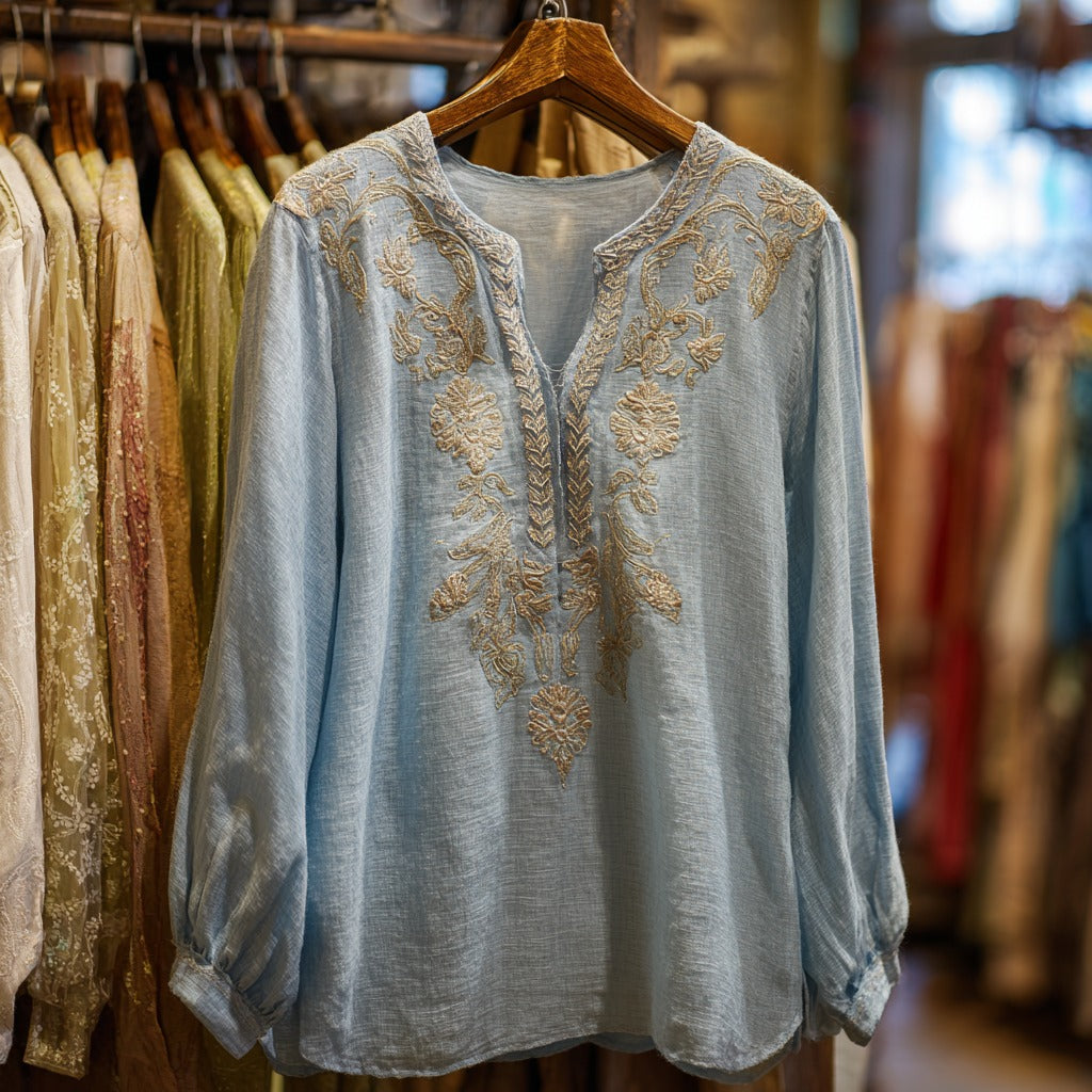Women's Ethnic Floral Embroidered Casual Linen Shirt