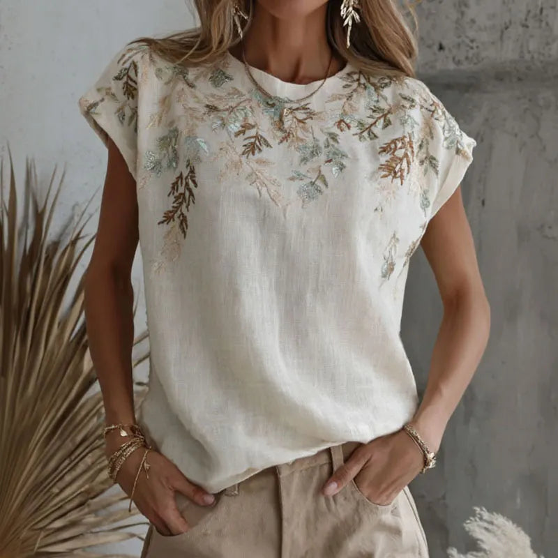 Women's Retro Floral Branch Art Print Linen Blend Crew Neck T-shirt