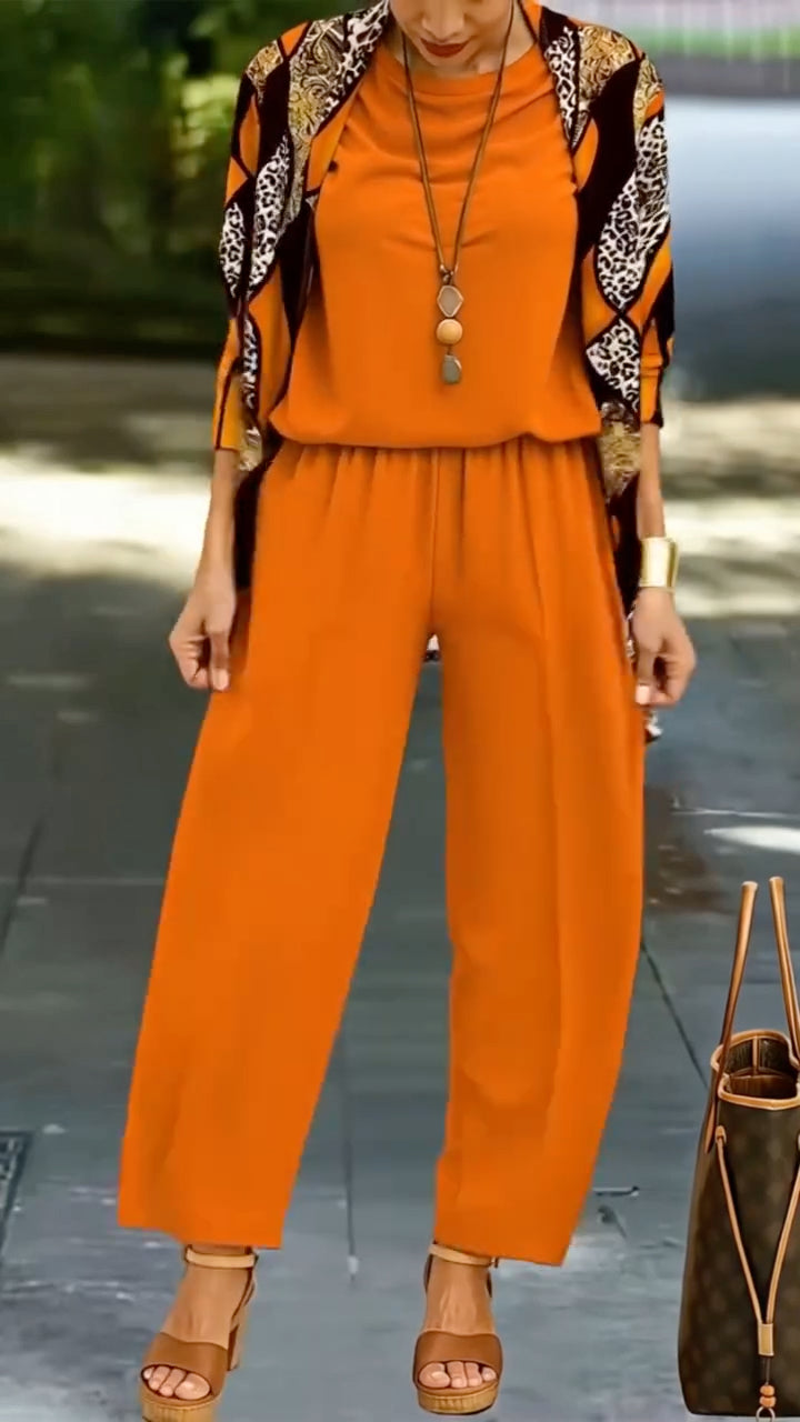 Women's Printed Cardigan Three Piece Outfit Set