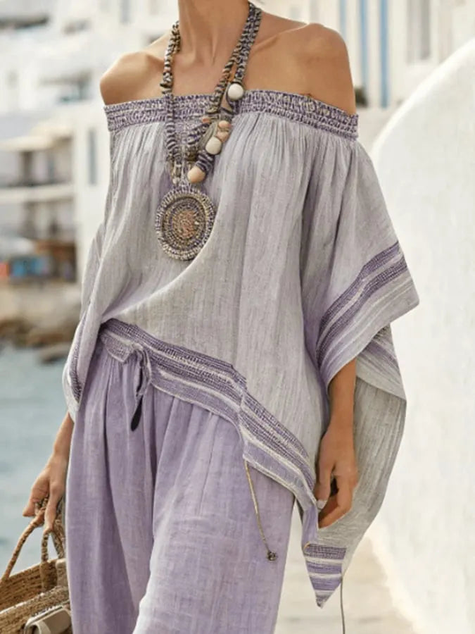 Women'S Loose Casual Striped One-Shoulder Irregular Top And Pants Set