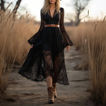 Bohemian Lace Black V-Neck Swing Midi Dress