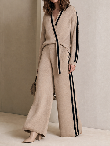 Women's Striped Knit Beige Black Pants Set MDZ0144I6YZJ