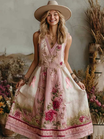 Vintage Classy Gradient Pink Roses Cancer Awareness Ribbon Embroidered Linen Maxi Dress