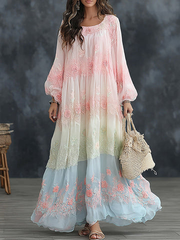 Women's Floral Art Embroidered Linen Blend Round Neck Long Sleeve Dress