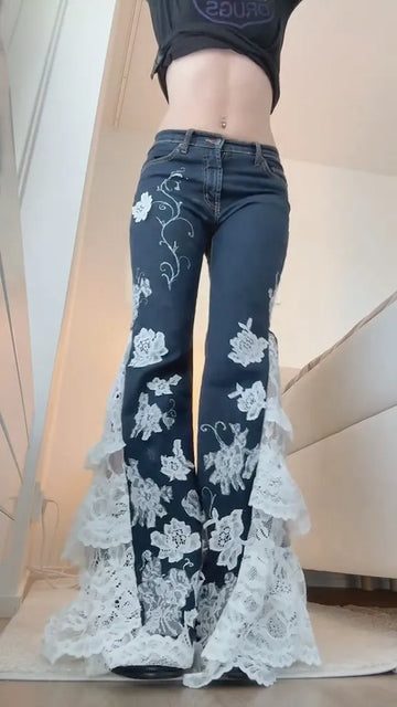 Dark Wash White Lace Ruffle Bell Bottom Jeans