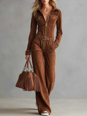 Retro Western Tan Faux-Suede Collared Zip-Front Wide-Leg Jumpsuit