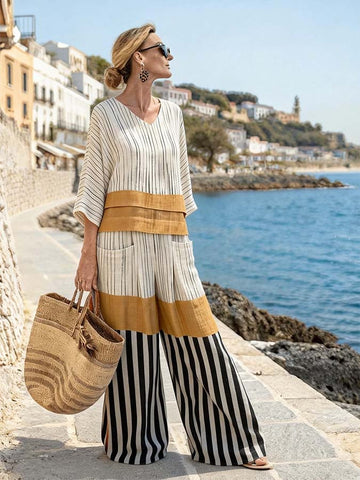 Women'S Casual V-Neck Printed Wide-Leg Pants Set